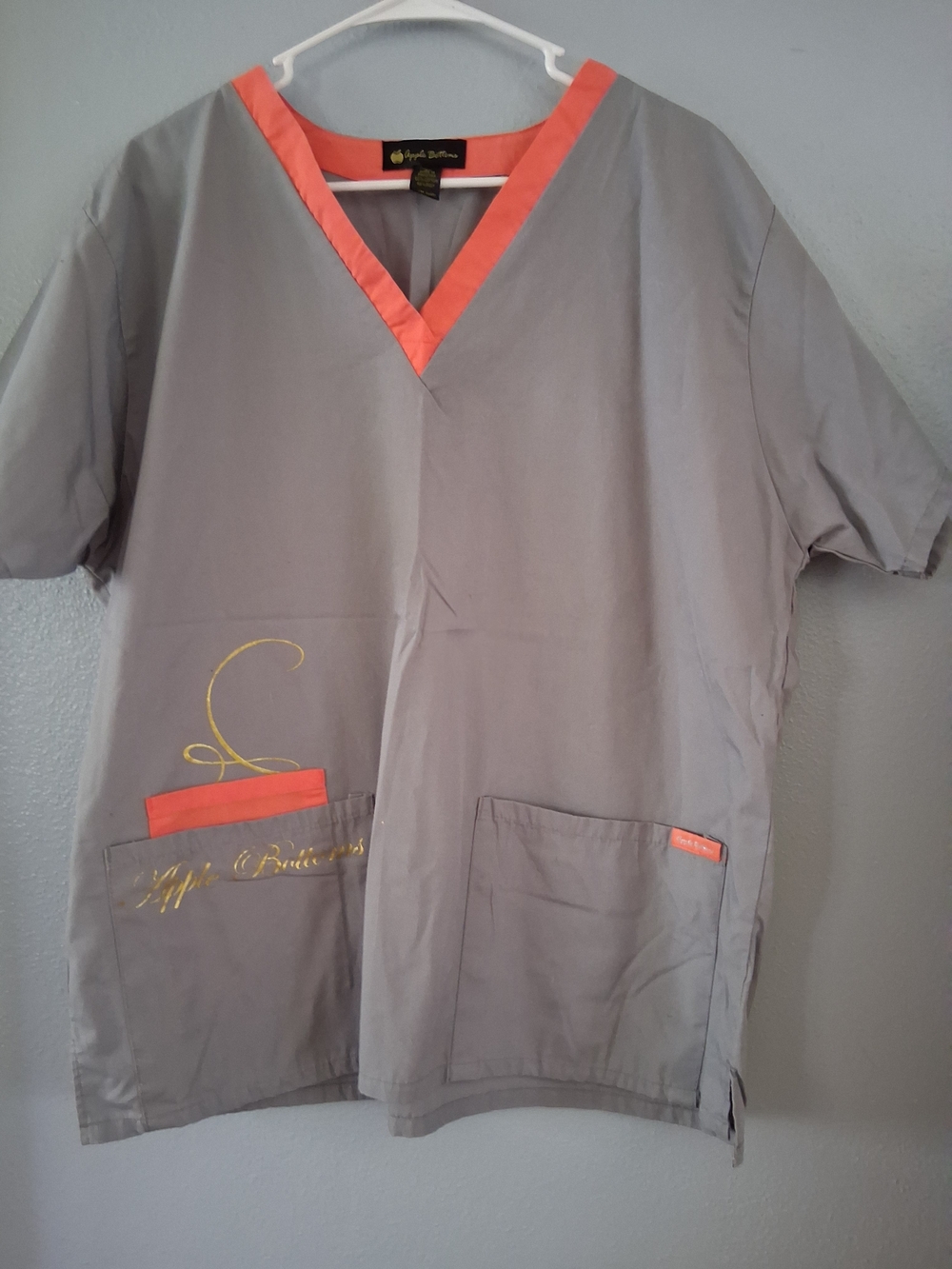 Apple Bottoms Gray Scrub Top with Coral Trim